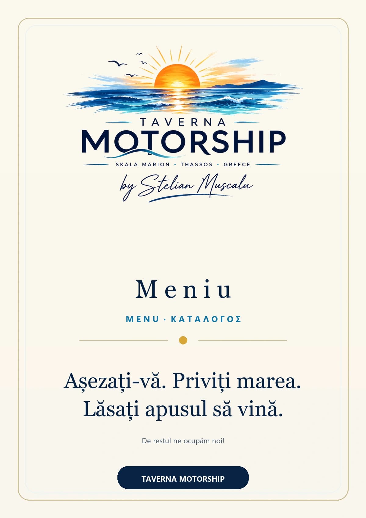 Coperta oficială a meniului Taverna Motorship
